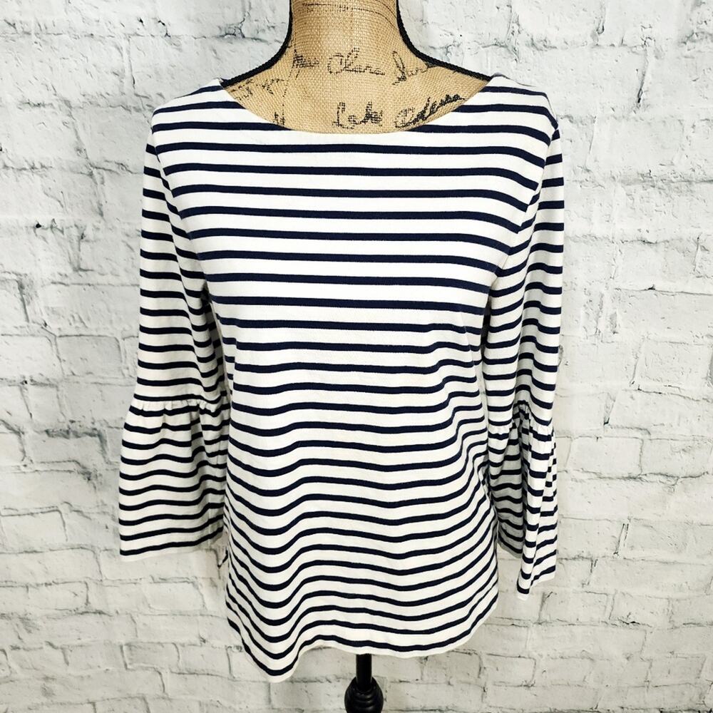 J Crew top Sz M striped long bell sleeve navy boat neck blouse A18